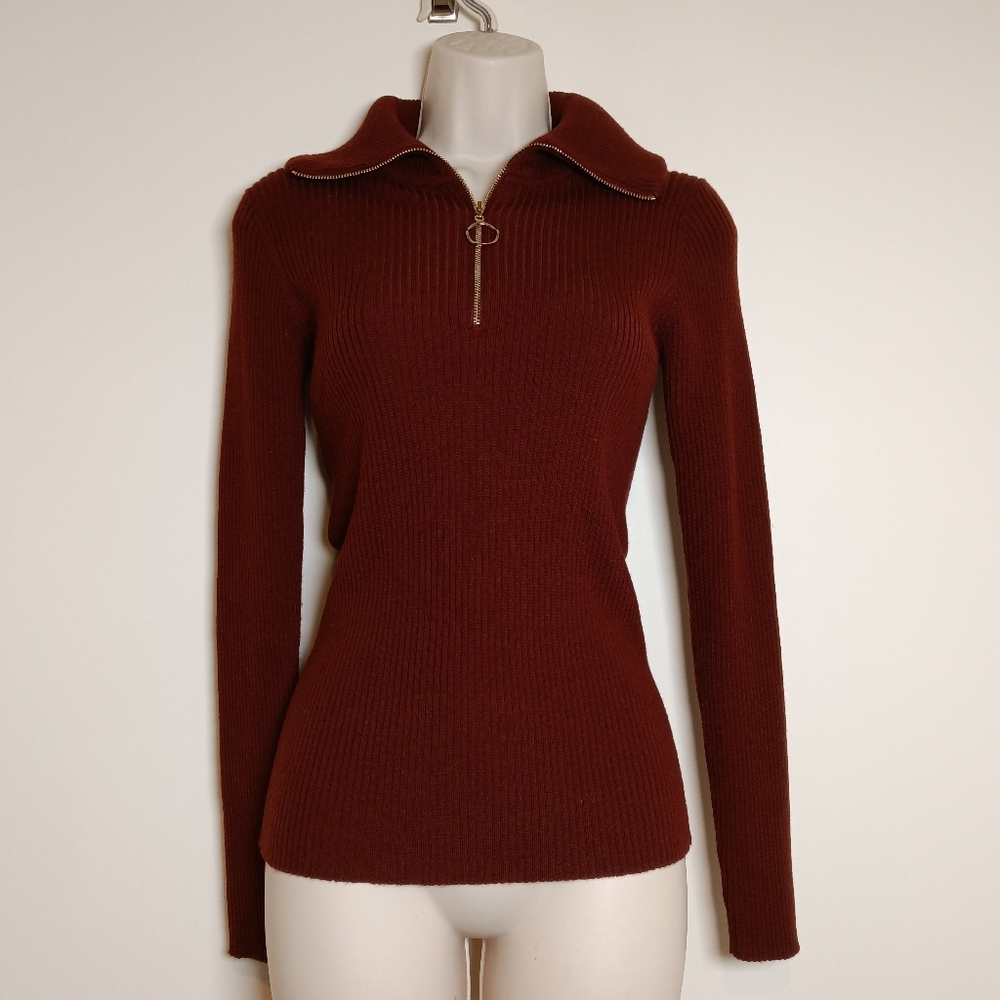 Sandro Burgundy Ribbed High Neck Half-Zip Sweater